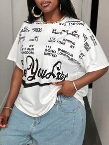 BamGleam BamGla Casual Moda Carta Imprimir Solto Manga Curta T-Shirt Para Mulheres - Branco - Ver 5