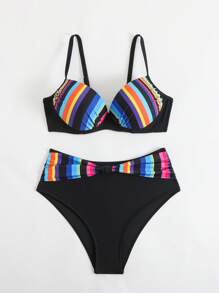 SHEIN Beach Outfits For Women: Modest Hardcup Printed Striped Bikini 2 Pieces Set For Summer Vacation - Multicolor - View 6