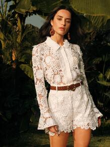 Anewsta Blusa blanca casual y holgada con encaje calado, adecuada para la playa y festivales - Blanco - Ver 4