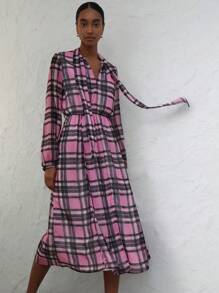 SHEIN Privé Vintage Elegant Chiffon Contrast Plaid Print PU Belt Women's Extra Long Shirt Dress - Multicolor - View 2