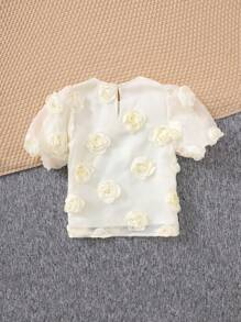 SHEIN Tween Girls 优雅简约泡泡袖 3D 花朵衬衫 - 杏色 - 查看 2