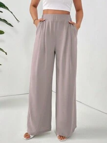 SHEIN Essnce 女士纯色口袋简约直筒裤，日常休闲装 - 藕粉色 - 查看 4