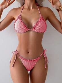 Swim Mod Women's Striped Nautical Style Splice Frill Trim Halter Tie Side Bikini Set, For Summer Beach Vacation - Red and White - View 4