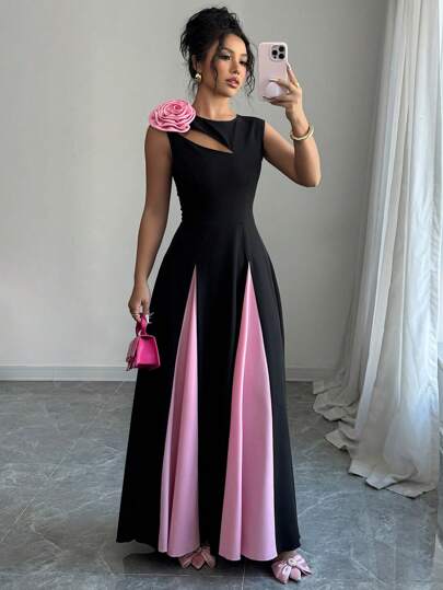 Modelyn فستان نسائي منسوج باللونين قصير الأكمام وطويل من الأمام والخلف مع نقوش زهرية مفتوحة