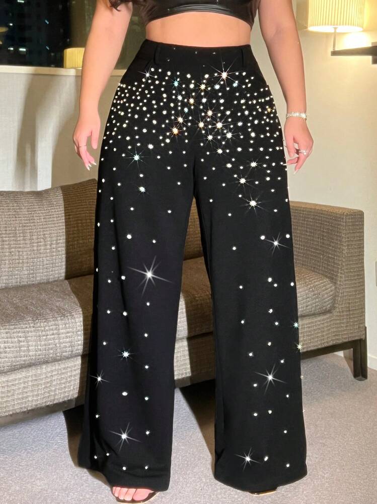 NU&NOW Pantalones de punto con gradiente embellecidos con diamantes y perlas, talla grande - Negro - Añade 7