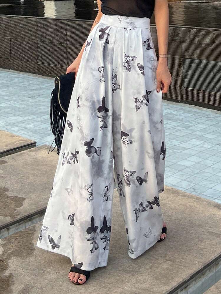 Bohemian Style Floral & Butterfly Pattern Wide Leg Pants, Suitable For Women In Spring & Summer,Teacher Pants