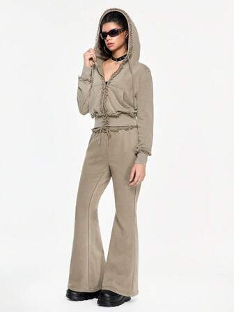 Grunge Punk 2pcs Sexy Vintage Punk Zip Up Distressed Women Tracksuit