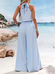 Vivid Eden 2pcs Women's Set: Solid Off Shoulder Crop Top & High Waist Loose Pants, Summer Clothes, Valentine's Day, Vacation Outfits Woman, Beach Outfits For Woman, Festival, Romantic, Bohemian, BOHO, Sweet, Rave Outfits Festival, Tropical Vacation Woman Clothes - Baby Blue - View 2