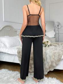 性感金色蕾丝波尔卡圆点网眼拼布女式睡衣套装