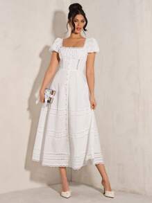 SHEIN BAE Damen vielseitiges elegantes weißes A-Linien Kleid mit quadratischem Kragen und Rüschensaum - Weiss - Übersicht 6