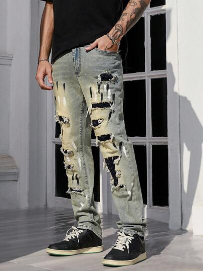 Grunge Punk Jeans skinny déchirés en diamant pour hommes, simple, élégant et décontracté pour tous les jours