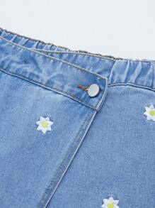 Short vaquero de moda para adolescentes, lavado claro azul con diseño floral bordado, cintura elástica, corte evasé, suelto, para verano