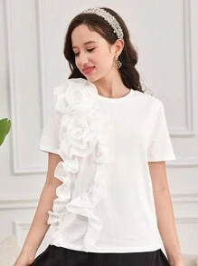 SHEIN Leap Crew Teen Girls' Spring & Summer White Knit Patchwork Loose Elegant Floral Decor Casual T-Shirt, Suitable For Resort Wear - White - View 3