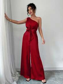 SHEIN PETITE 优雅、日常休闲、斜肩款式、松紧腰带、缎面材质、女式连体裤/连身裤适合派对、日常约会、情人节、节日穿着 - 紅色 - 查看 8