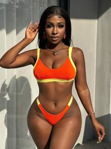 Swim SPRTY Women's Neon Orange Contrast Color Activewear Bikini Set, For Summer Beach Vacation - Multicolor - View 8