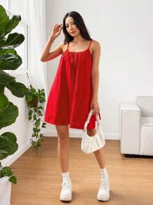 SHEIN EZwear Pure Linen Casual Summer Holiday A-Line Spaghetti Strap Mini Dress - Red - View 3