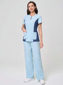 TaskEZ Conjunto de uniforme de quirófano con top de manga corta y pantalones de color contrastante para mujer - Multicolor - Ver 6