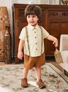 Cozy Pixies 2pcs Baby Boy Traditional Pattern Lapel Short Sleeve Cardigan Top And Elastic Waist Shorts Set - Brown - View 3