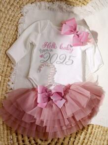 SHEIN Conjunto de ropa de recién nacida para sesión fotográfica, incluye pelele, falda de tul y diadema con moño para salida del hospital, atuendo de regalo para baby shower o cumpleaños