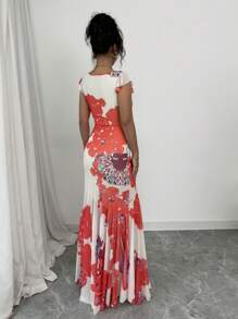 Elenzga 佩斯利花朵 U 领盖袖网眼针织修身优雅法式度假连衣裙 - 彩色 - 查看 2