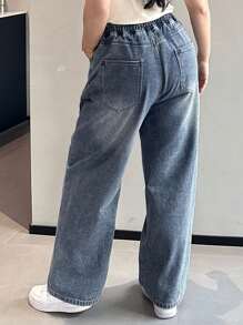 Dazy Petite Plus Plus Size Washed Distressed Loose Wide Leg Long Denim Jeans, All Season,Baggy Jeans - Blue - View 2