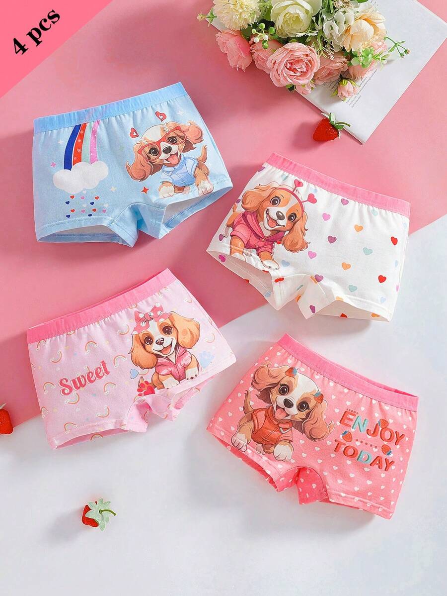 SHEIN 4pcs/Set Young Girl Cute Cartoon Puppy Full Print Elastic Waistband Girl Briefs