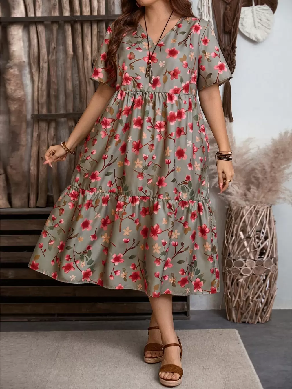 floral dress with sleeves olive green Boho Floral Wrap Maxi Dress: Olive Green Cotton Summer Dress