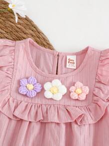 Cozy Pixies 2pcs Baby Girl Ditsy Floral Pattern 3D Flower Decor Sleeveless Top And Solid Color Elastic Waist Shorts Set - Pink - View 5