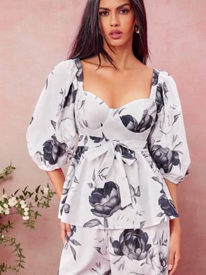 Oxana Designer Women's Black And White Floral Print Puff Sleeve Top With Corset Cup Elegant Shirt, Festival