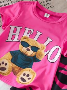 Set de 2 piezas con Camiseta de cuello redondo cómoda con estampa de letra Hello del pequeño oso y Pantalones cargo con estampado de camuflaje de moda para niña joven en verano - Multicolor - Ver 8