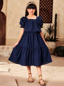 SHEIN Tween 女孩休闲两件套：宽松方领荷叶边泡泡袖上衣和裙子 - 白色 - 查看 1