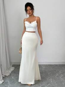 Elenzga Simple & Elegant Satin Lace Women's A-Line Skirt, Romantic