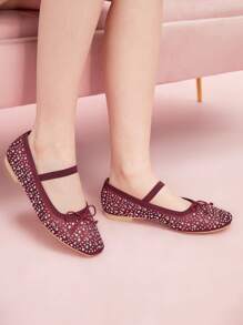 CUCCOO DOLLMOD Fashionable Wine Red Fully Rhinestoned Mesh Mary Jane Flats, Cute & Sweet For School, Students Spring Shoes Spring Break Easter - Burgundy - View 2