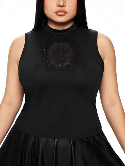 Kawaii Plus Size Cross Applique Mesh Insert Tank Top