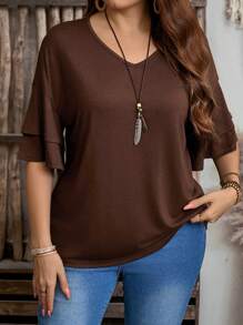 EMERY ROSE Plus Size V-Neck Ruffle Sleeve Simple T-Shirt,Women Brown Summer Smart Casual Hiking Top,Country Fashionable Everyday Wear,Vacation Woman Spring - Coffee Brown - View 2