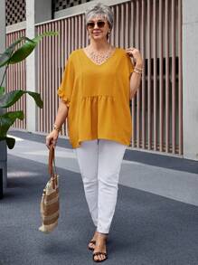 EMERY ROSE Plus Size Summer Yellow V-Neck Short Sleeve Ruched Boho Shirts Women,Summer Outfits For Women,Vacation Outfits Woman,Summer Shirts,Casual Everyday Wear,St Patrick Day Shirt - Yellow - View 5