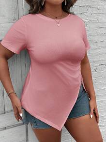 EMERY ROSE Plus Size Women Solid Color Round Neck Short Sleeve Side Split Hem Casual T-Shirt - Pink - View 5