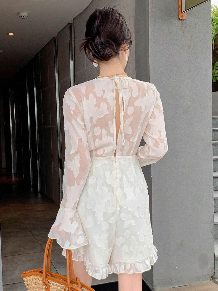 1pc Women's Solid Color Textured Fabric Flared Sleeves Floral Trim V-Neck Elegant Jumpsuit, Suitable For Summer Vacation Women Rompers