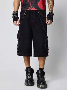 ROMWE MEN Grunge Punk Men's Punk Striped Cargo Pocket Wide Leg 3/4 Jeans Pants - Black - View 8