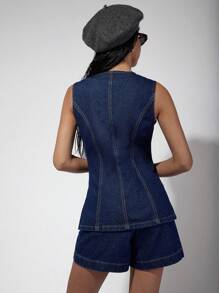 COSMINA Women's Single-Breasted Denim Vest And Shorts Casual Suit, Old Money, Vintage, Fall Women Clothes - Dark Wash - View 2