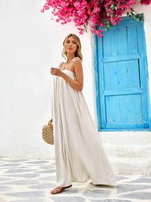 Vivid Eden Vestido largo de verano de lino informal con nudo delantero en unicolor - Albaricoque - Ver 4