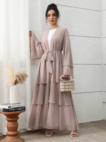 Al Najma Tiered Layered Design Maxi Abaya: Elegant Women Summer Long Bell Sleeves Self-Tie Waist Chic Modest Robe - Grey - View 5