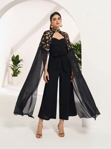 Al Najma Women's Floral Embroidery Mesh Patchwork Wide Leg Jumpsuit - Black - View 2