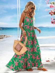 Vivid Eden Robe d'été pour vacances avec imprimé floral, bretelles spaghetti, dos nu et ourlet plissé à hauteur irrégulière pour femmes - Multicolore - Voir 4