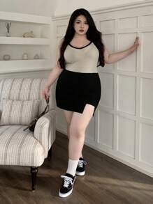 Dazy Plus تنورة قصيرة بلون سادة قابلة للتقسيم، متعددة الاستخدامات لجميع الفصول، تنانير الخريف - الأسود - مشاهدة 6