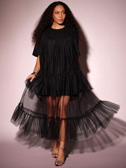 Vixey Vestido maxi de camiseta con volantes de tul sólido, para festival, bohemio, hippie, verano