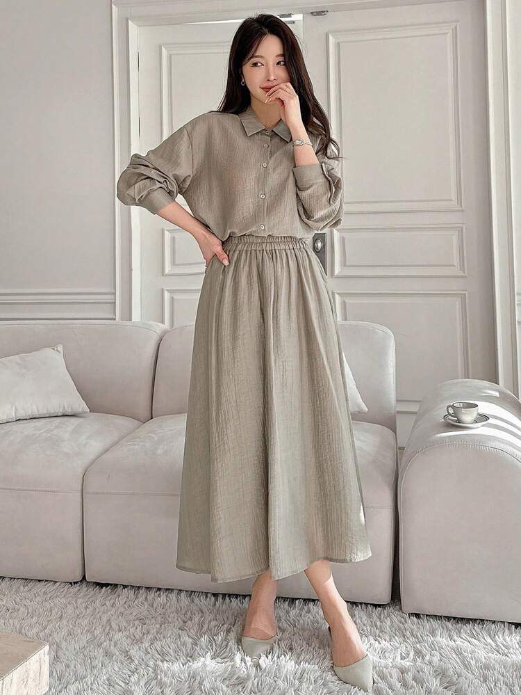 Set de 2 piezas de blusa holgada y falda de unicolor elegante para mujeres, atuendos de primavera, maestras, ropa de mujer para otoño