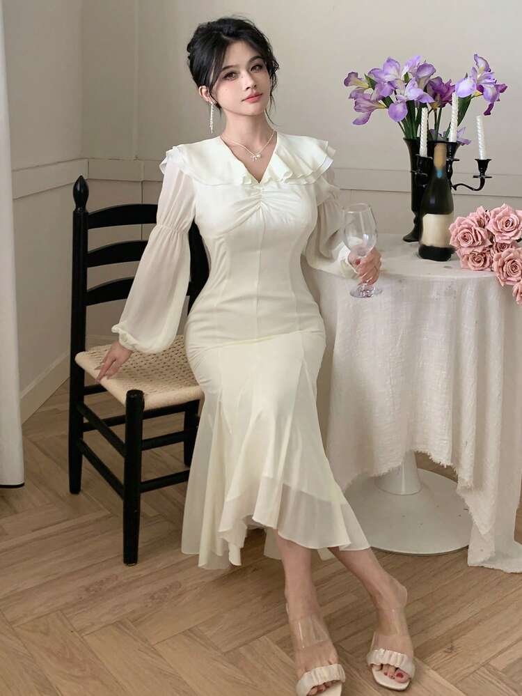 Plain V-Neck Ruffle Hem Midi Dress For Women,Fall Dress Long Sleeve Dress