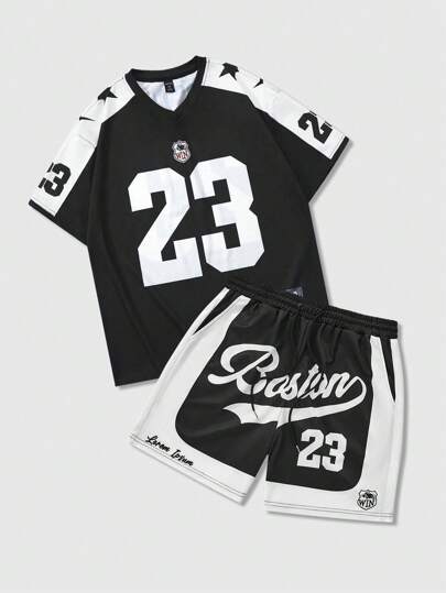 Prep Set da uomo con maglietta a scollo a V e pantaloncini, casual e alla moda per uso quotidiano