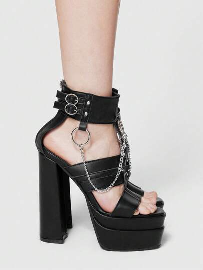 Grunge Punk Sandali con tacco a zeppa alto in PU nero, con catena metallica punk e suola spessa, stile punk dark